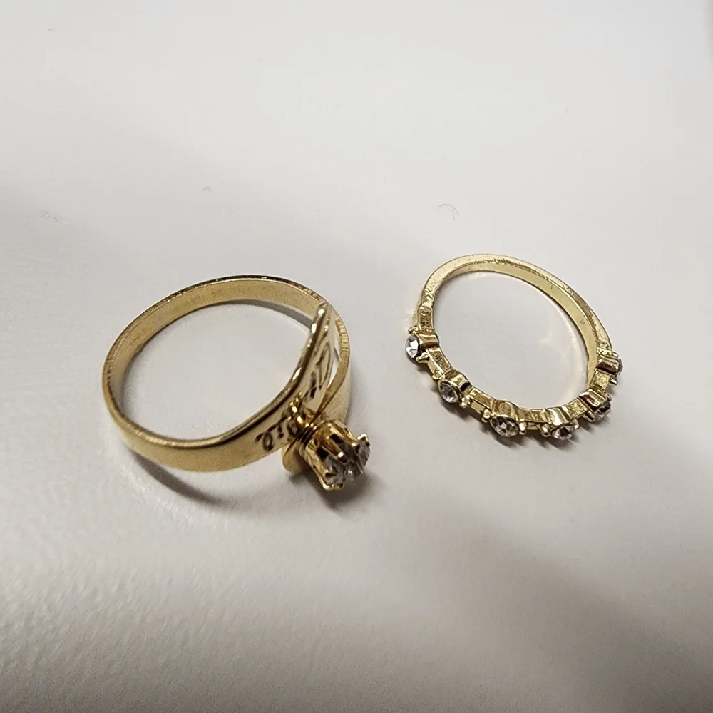 Sz 7 Gold Bypass Wrap Birthstone Name Ring & Bezel-Set Bubble Eternity Band Set